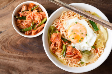 Kimchi noodle spicy soup with egg and vegetables, Korean food
