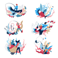 Fishing sport and recreation isolated icons fishermen and fishery equipment