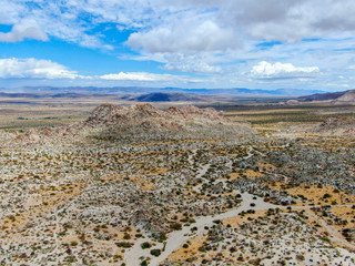 Aerial view of Joshua Tree National Park. American national park in southeastern California. Panoramic view of Arid desert.