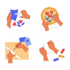 Handicaraft and hands cutting and embroidery drawing and sewing isolated icons