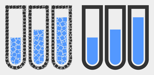 Pixel and flat test-tubes icons. Vector mosaic of test-tubes constructed of random small rectangles and spheric pixels.