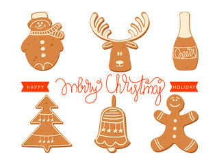 Christmas and Happy New Year greeting card with Christmas cookies and lettering. Vector design template.