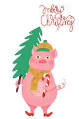 New Year greeting card with funny pig. Cute pig with Christmas tree, candy and hand drawn lettering. Symbol of 2019 on the Chinese calendar. Vector illustration.