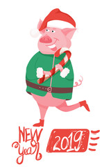 New Year greeting card with funny pig. Cute pig with Christmas candy and hand drawn lettering. Symbol of 2019 on the Chinese calendar. Vector illustration.