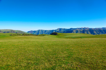 Path through the mountains and green meadows. Hiking in the mountains. Tourist background. Mountain and hills landscape. Alpine meadows.