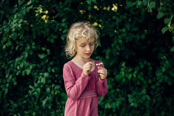 Cute beautiful blonde Caucasian girl in red pink dress guessing fortune on white daisy flower. Happy child kid wondering future on chamomile tearing petals. Lifestyle candid childhood.