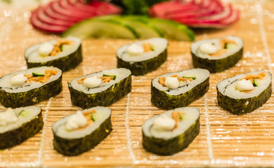 Seaweed rolls rice sushi display on the tray