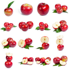 Red apple fruits on white. Pattern with apples flat lay. Camera above the background