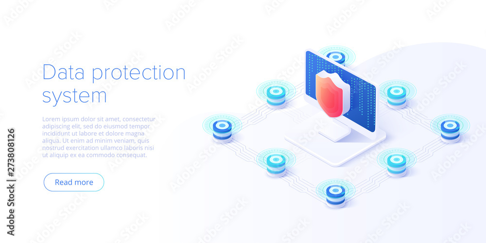 Wall mural network data security isometric vector illustration. online server protection system concept with da