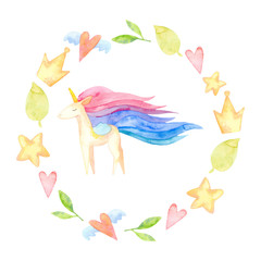 Fototapeta na wymiar Cute unicorn horse. Fairytale children sweet dream. Circle frame, wreath with watercolor tender pink unicorn, hand drawn on a white background