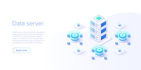 Hosting server isometric vector illustration. Abstract 3d datacenter or data center room background. Network mainframe infrastructure website header layout. Computer storage or farming workstation.