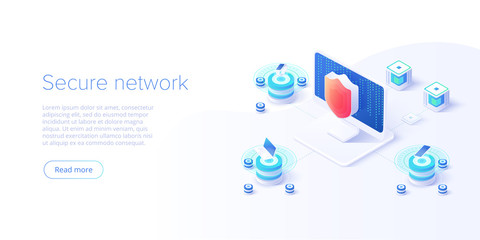 Network data security isometric vector illustration. Online server protection system concept with datacenter or blockchain. Secure bank transaction with password verification via internet.