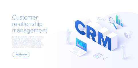 CRM isometric vector illustration. Customer relationship management concept background. Customer and company interaction approach. - obrazy, fototapety, plakaty