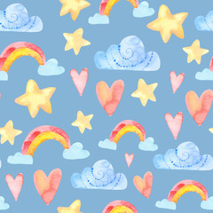 perfect for prints, greetings, invitations, wrapping paper, textile. watercolor seamless pattern. cute childish illustration. fabulous rainbow character. Cartoon unicorn, cloud, star, heart.