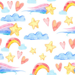 perfect for prints, greetings, invitations, wrapping paper, textile. watercolor seamless pattern. cute childish illustration. fabulous rainbow character. Cartoon unicorn, cloud, star, heart.