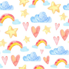 Fototapeta premium perfect for prints, greetings, invitations, wrapping paper, textile. watercolor seamless pattern. cute childish illustration. fabulous rainbow character. Cartoon unicorn, cloud, star, heart.
