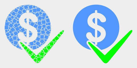 Pixel and flat valid dollar coin icons. Vector mosaic of valid dollar coin combined of random small squares and circle elements.