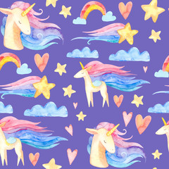 watercolor seamless pattern. cute childish illustration. fabulous rainbow character. Cartoon unicorn, cloud, star, heart. perfect for prints, greetings, invitations, wrapping paper, textile