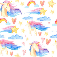 Fototapeta na wymiar watercolor seamless pattern. cute childish illustration. fabulous rainbow character. Cartoon unicorn, cloud, star, heart. perfect for prints, greetings, invitations, wrapping paper, textile