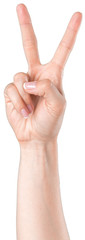 Female hand isolated on white background. White woman's hand showing symbols and gestures