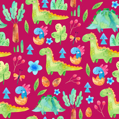Hand drawn seamless pattern with dinosaurs and floral elements. Perfect for kids fabric, textile, nursery wallpaper. Cute watercolor illustration