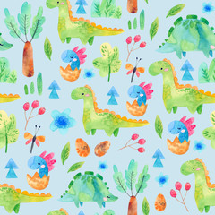 Obraz premium Hand drawn seamless pattern with dinosaurs and floral elements. Perfect for kids fabric, textile, nursery wallpaper. Cute watercolor illustration