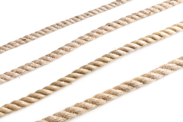 collection of various ropes string on white background.