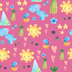 Hand drawn seamless pattern with dinosaurs and floral elements. Perfect for kids fabric, textile, nursery wallpaper. Cute watercolor illustration