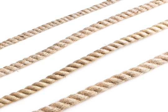 collection of various ropes string on white background.
