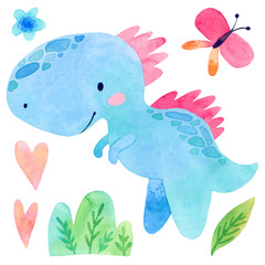 Cute cartoon illustration. Prehistory period. Children's set. Watercolor painting. dinosaur bushes, butterflies.