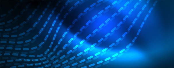 Fototapeta premium Smooth wave lines on blue neon color light background. Glowing abstract wave on dark, shiny motion, magic space light