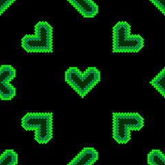 Seamless pattern background with pixel hearts, which glow bright neon light on a dark background. Design elements for the Valentines Day banner, poster, flyer.