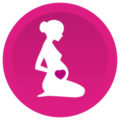 Vector silhouette sitting of pregnant woman with heart on pink circle background. Isolated on white background