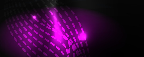 Smoky glowing waves in the dark. Dark abstract background with neon color light and wavy lines. Vector