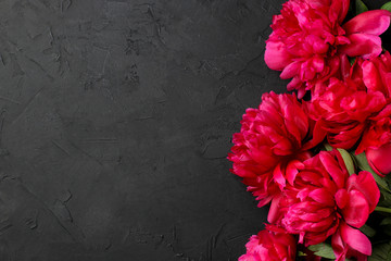 Frame of beautiful bright pink flowers peonies on a black graphite background. top view. space for...