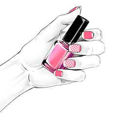 Woman hand with a beautiful french manicure holding nail polish. Fashion illustration
