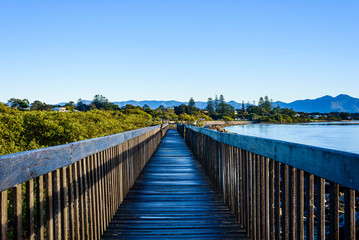 Landscape of Urunga lagoon with boardwalk. It is a famous holiday destination in New South Wales,...