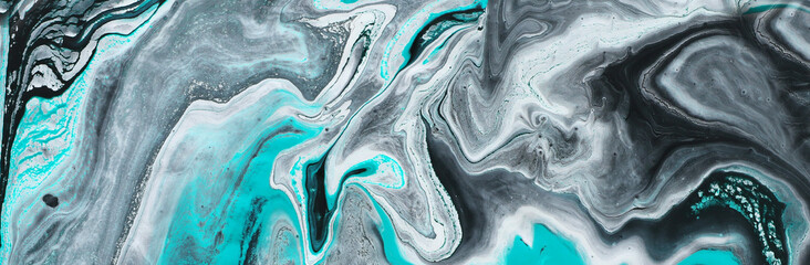 Fotografie des abstrakten marmorierten Effekthintergrundes. kreative Farben Schwarz, Helltürkis und Weiß. Schöne Farbe. Banner © tomertu