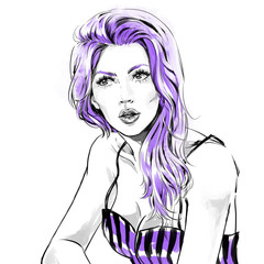 Fashion illustration, portrait of woman looking at side 