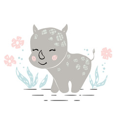Rhinoceros baby girl cute print. Sweet rhino. Cool african animal illustration for nursery, playroom, t-shirt