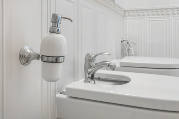 toilet and detail of a corner shower bidet with soap and shampoo dispensers on wall mount shower attachment