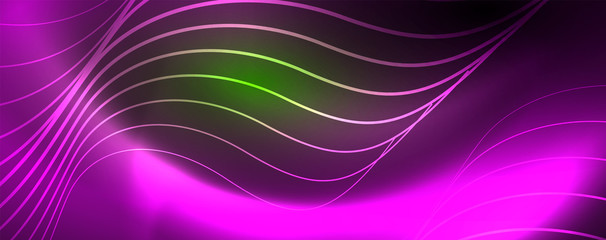 Shiny neon lines template - northern lights glowing blur lines. Futuristic style glow neon 80s disco club or night party techno template
