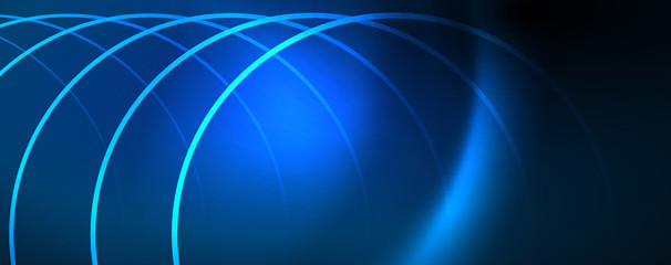 Trendy neon blue abstract design with waves and circles. Neon light glowing effect. Abstract digital background.