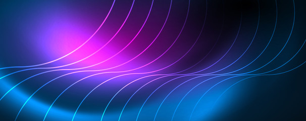 Trendy neon blue abstract design with waves and circles. Neon light glowing effect. Abstract digital background.