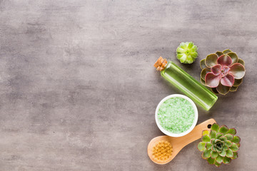 Spa background with hand made bio cosmetic and  cactus composition, flat lay, space for a text - Image.