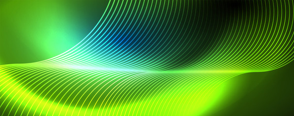 Trendy neon blue abstract design with waves and circles. Neon light glowing effect. Abstract digital background.