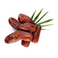 Dry dates isolated on white background. Top view. Flat lay pattern.