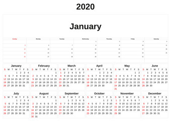2020 a monthly calendar  with white background.