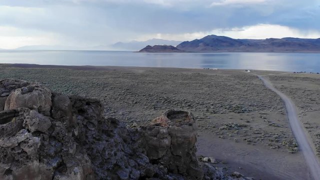 Flying Over Rock Formation Towards Anaho Island at Pyramid Lake Nevada.