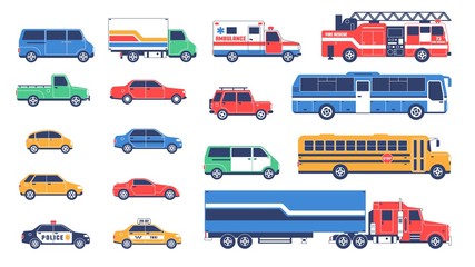 Large car set - including special services. Vector flat objects.